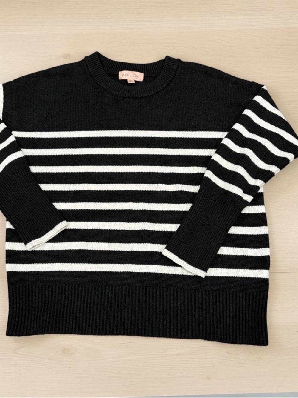 Philosophy Women’s Heavy Black and White Striped Ribbed-Knit Crew Sweater M